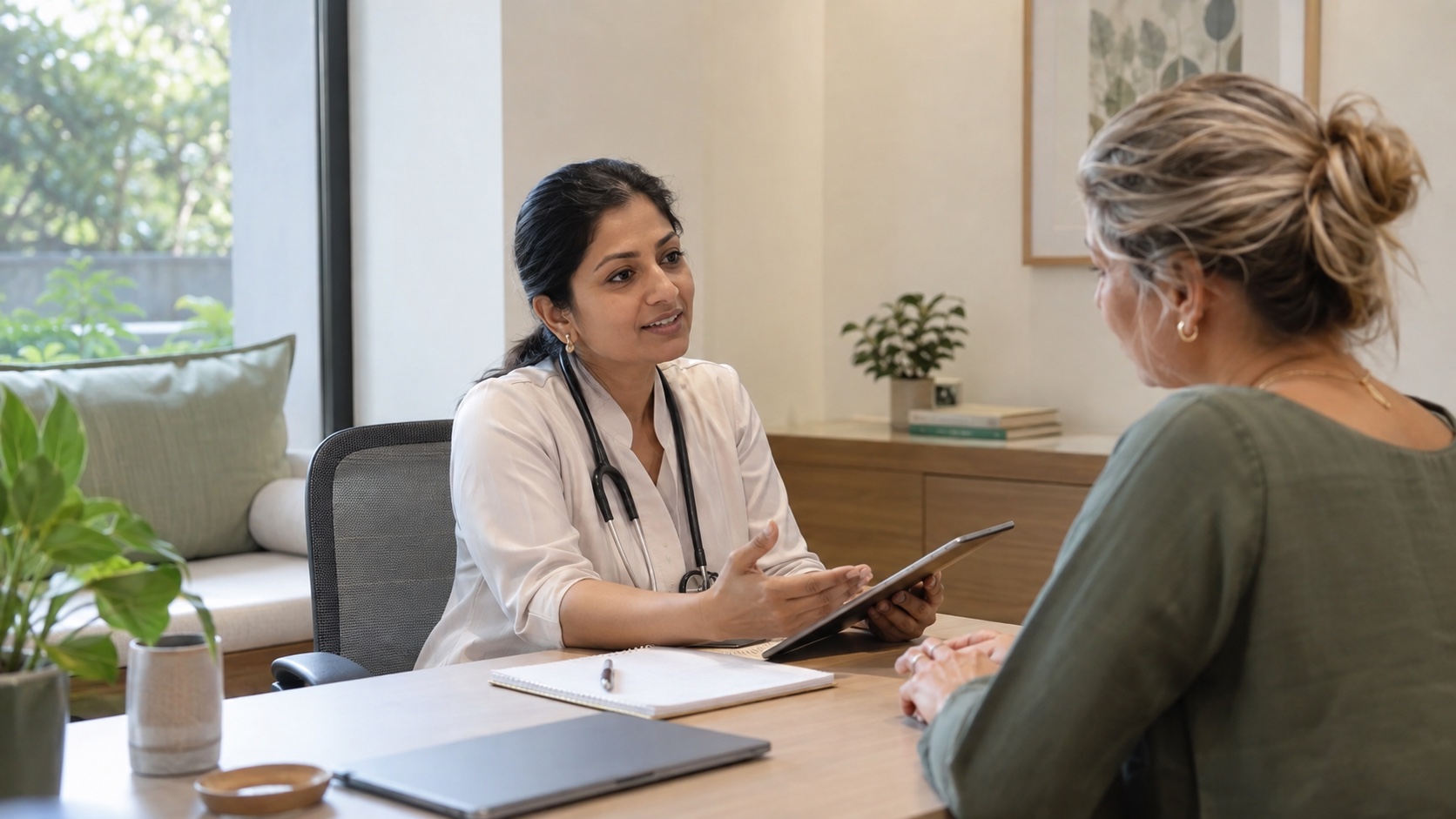 An Indian woman doctor in conversation with an international guest in a calm consultation room.