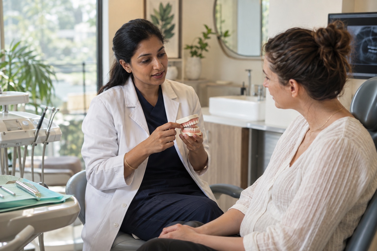 Illustrative image of an Indian dentist discussing a dental model with a guest.
