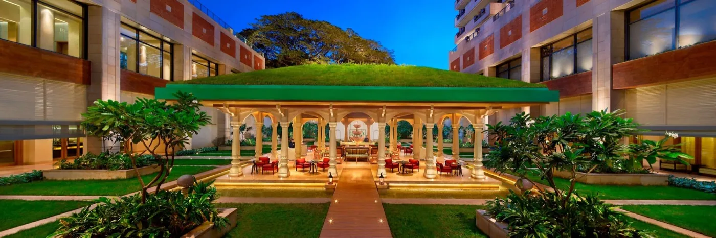 The illuminated Lotus Pavilion at ITC Gardenia, Bengaluru.